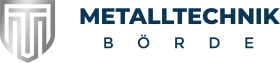 Logo der Metalltechnik Börde GmbH mit stilisiertem Schildsymbol und Schriftzug in Blau und Silber