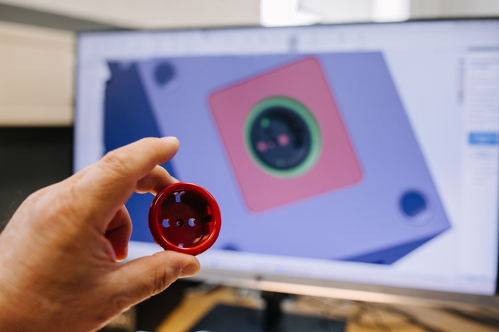 Hand hält rotes Kunststoffteil vor Bildschirm mit CAD-Modell der passenden Form